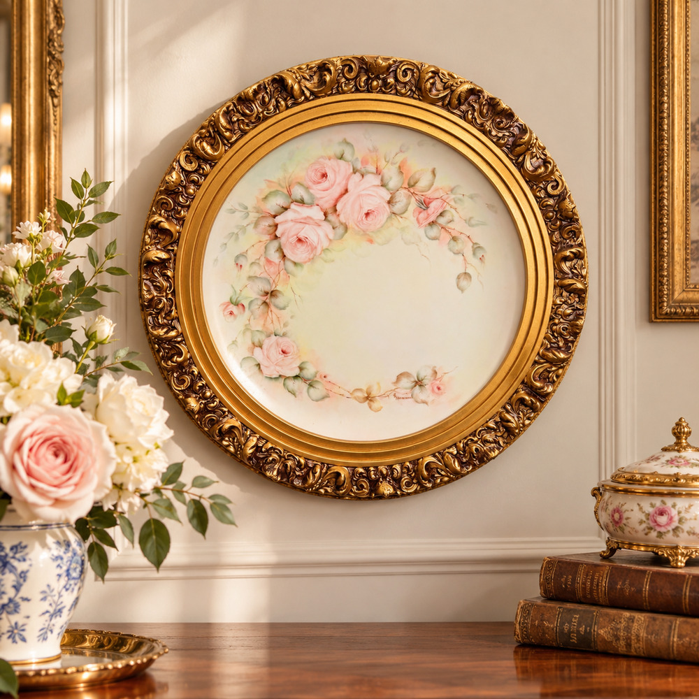 Vintage Signed Hand Painted Porcelain Pink Roses Ornate Gold Wall Plaque